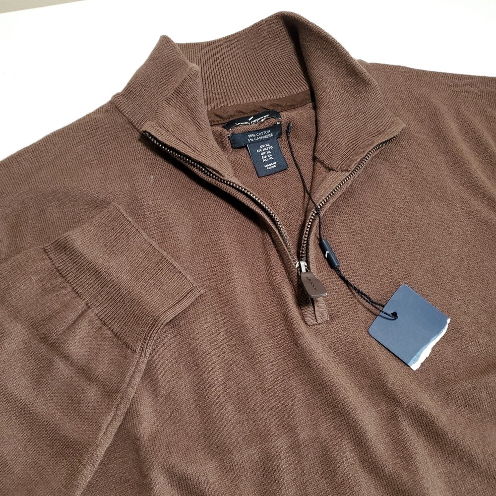 New DANIEL HECHTER PARIS Mens XL Cashmere Sweater 1/4 Zip Pullover Brown NWT